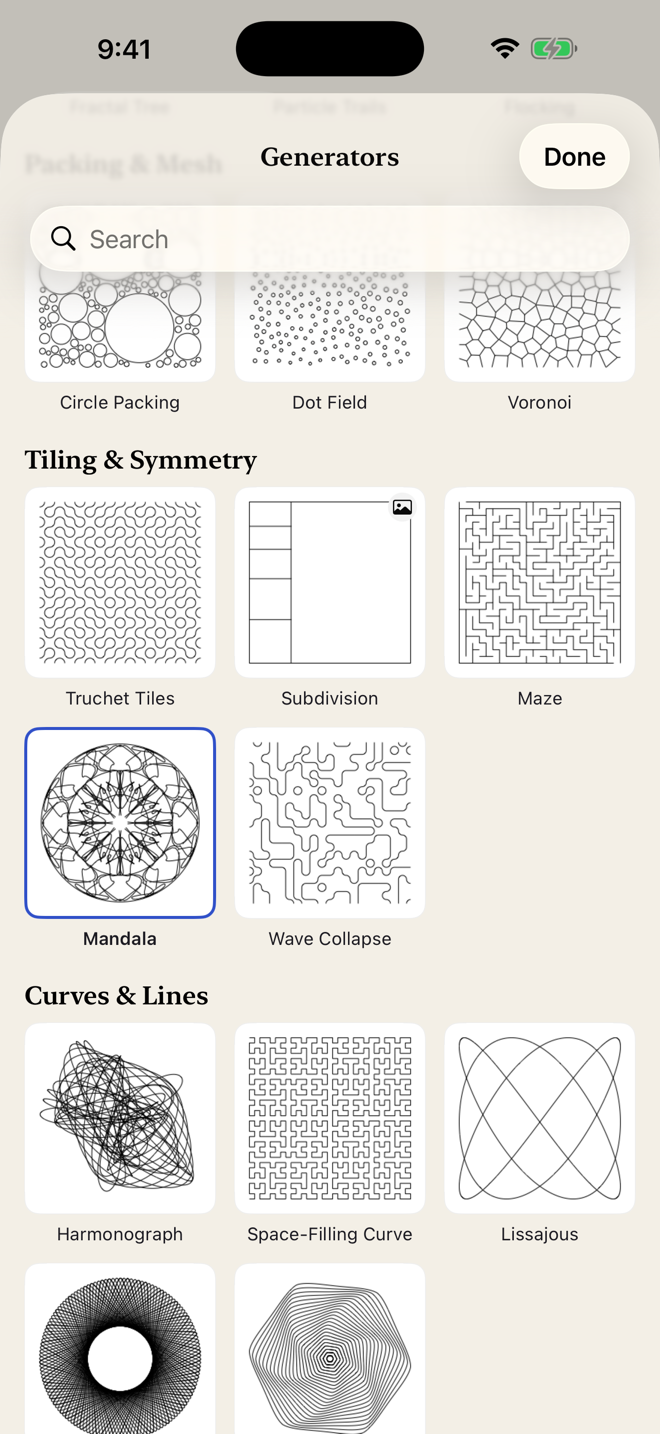 Forgeplot's generator browser on iPhone: a searchable grid of drawing thumbnails grouped under headings like Packing & Mesh, Tiling & Symmetry and Curves & Lines.